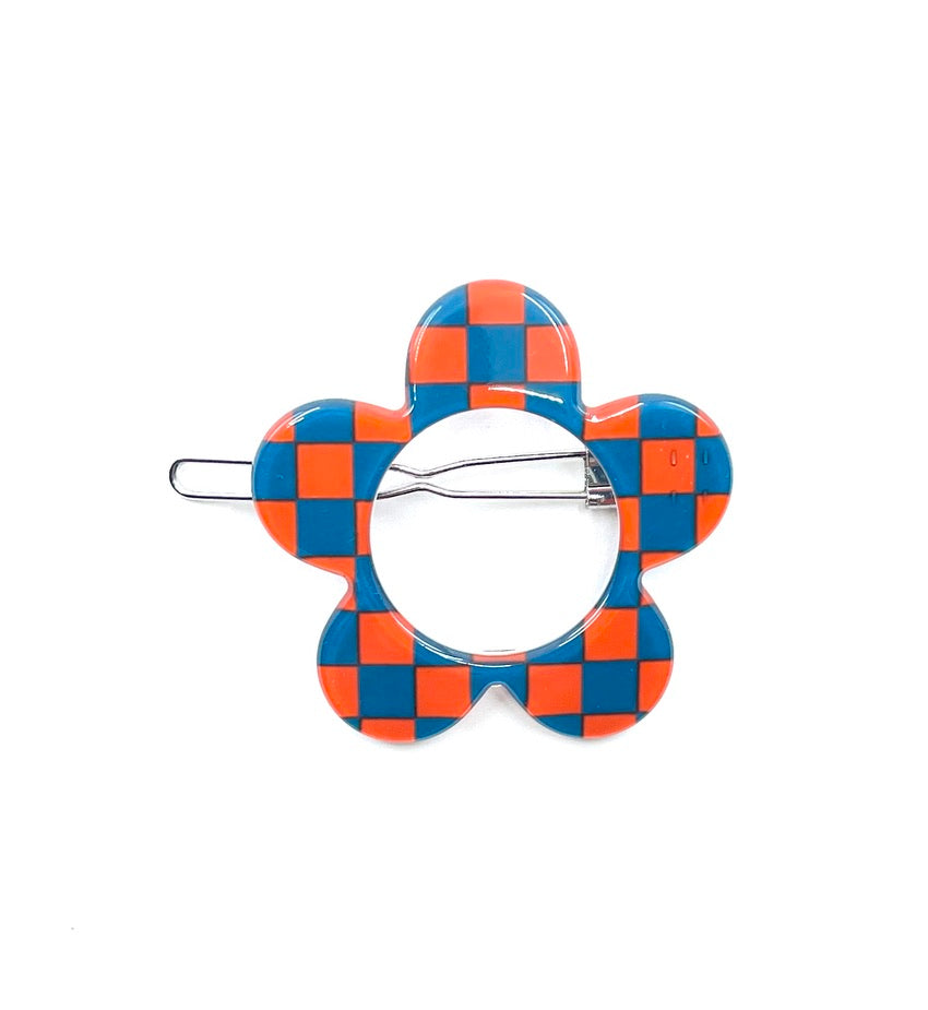 Boston Hairclip - Orange tealy blue check